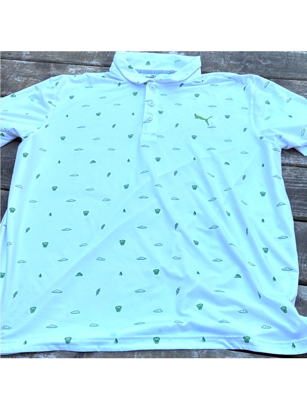 Puma Men's White Polo Shirt with Green Accents size XL